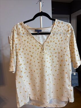 Democracy Cream Short-Sleeve V-Neck Top with Gold Dot Pattern